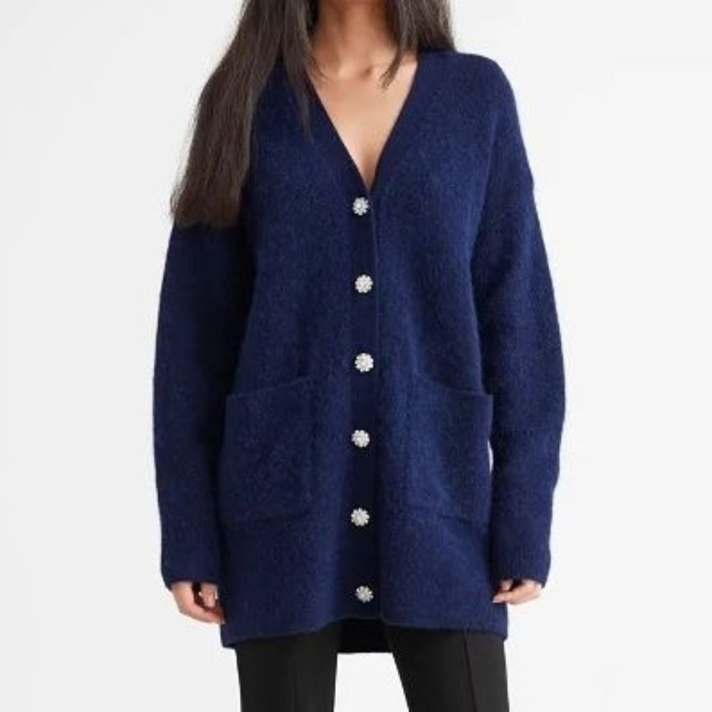 & Other Stories Navy Blue Fuzzy Button-Front Cardigan